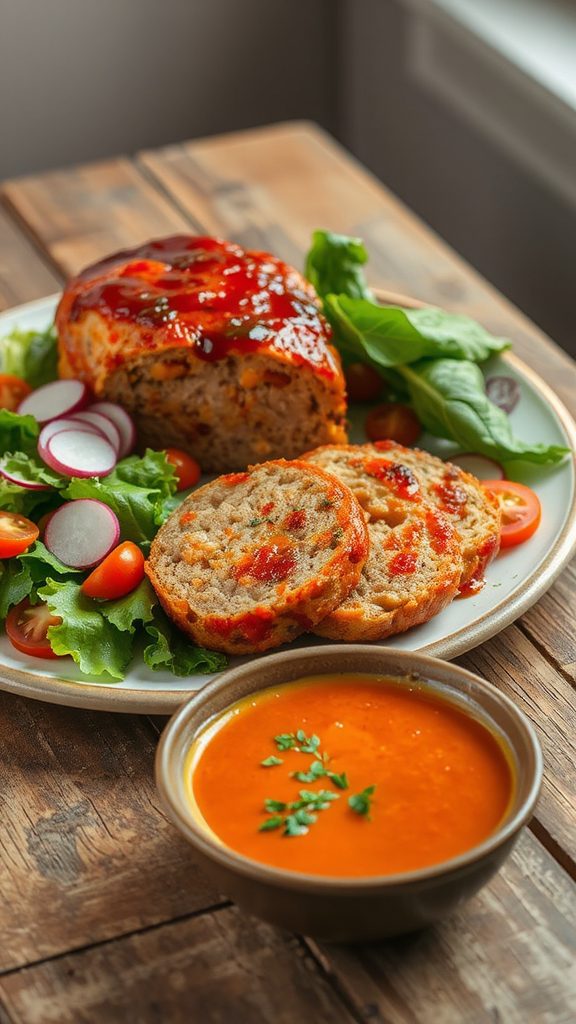 meatloaf with salad and soup