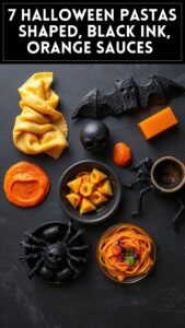 7 Halloween Pastas (Shaped, Black Ink, Orange Sauces)