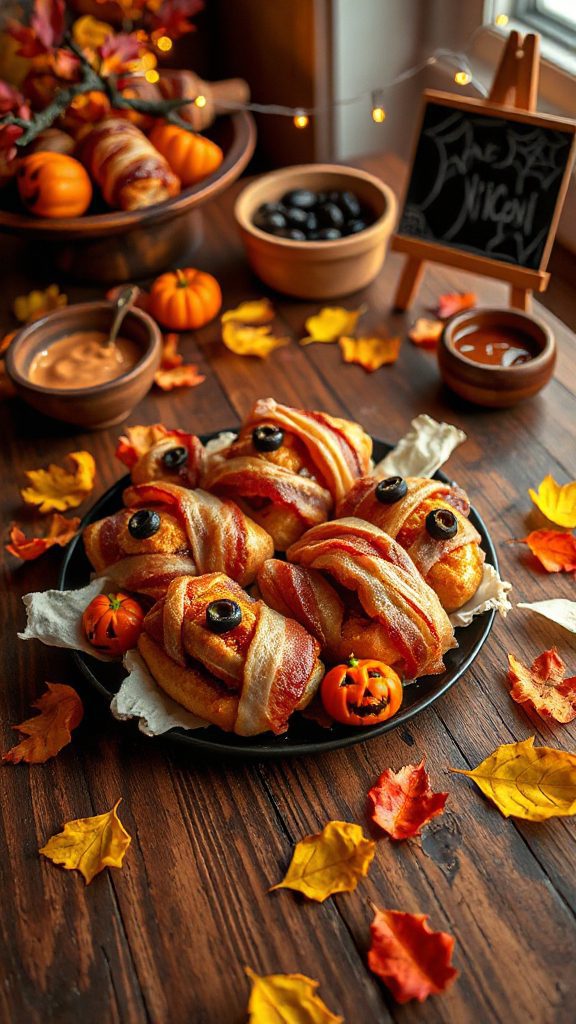 bacon wrapped halloween hot dogs