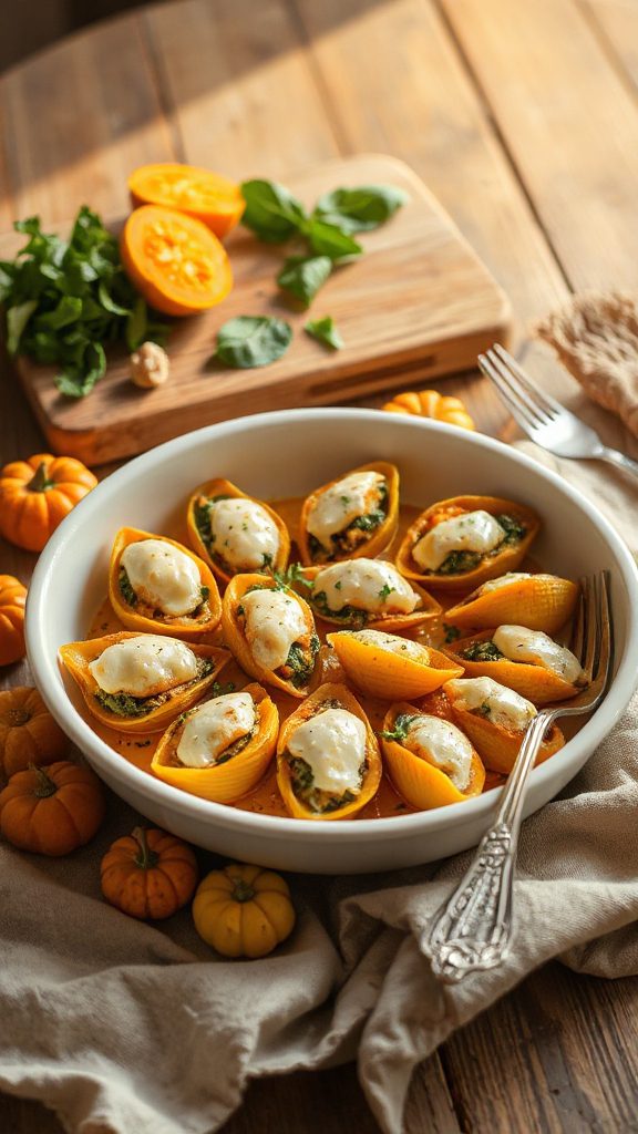 cheesy pumpkin spinach pasta shells