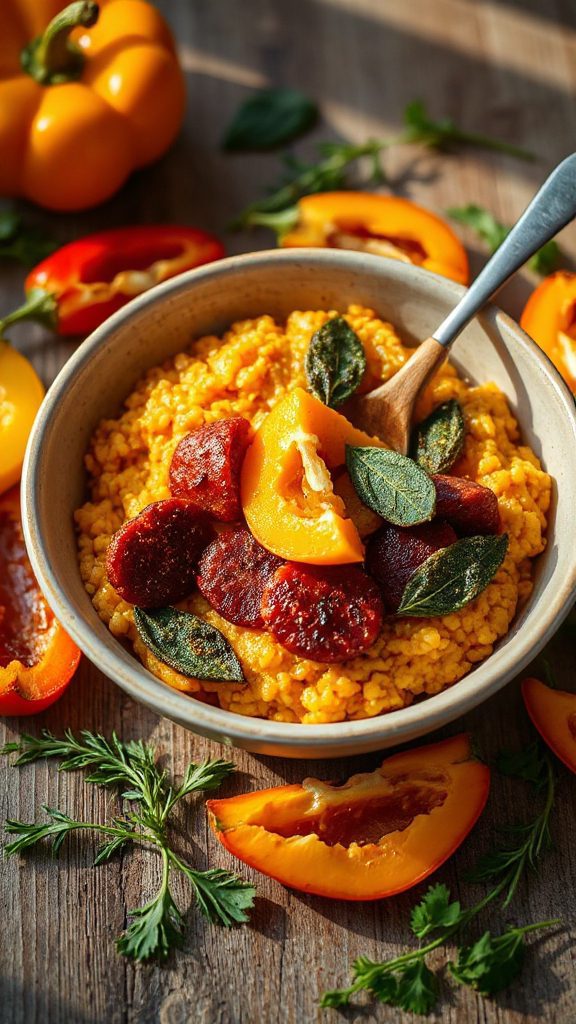 chorizo infused pumpkin risotto dish