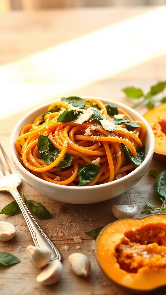 creamy pumpkin garlic spaghetti