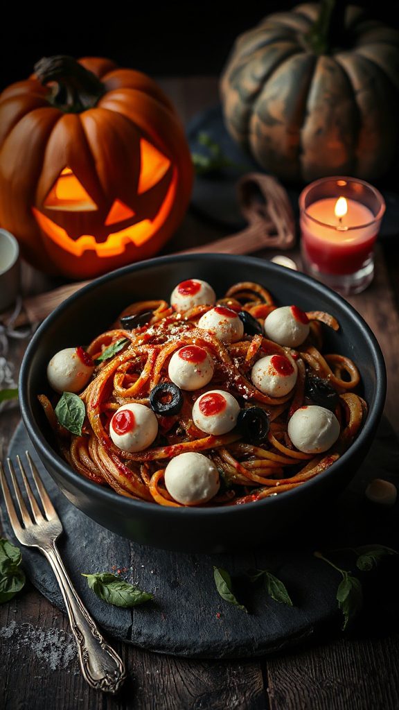eerie halloween eyeball pasta