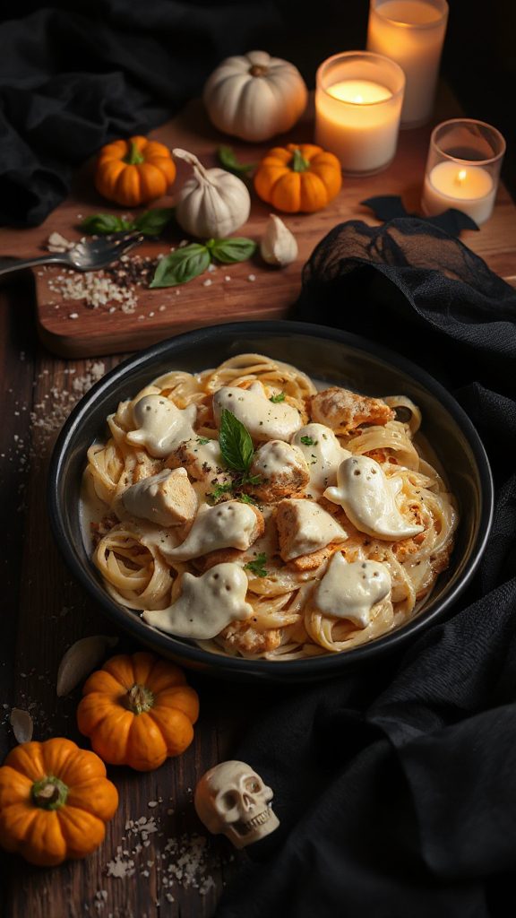ghost shaped chicken pasta dish