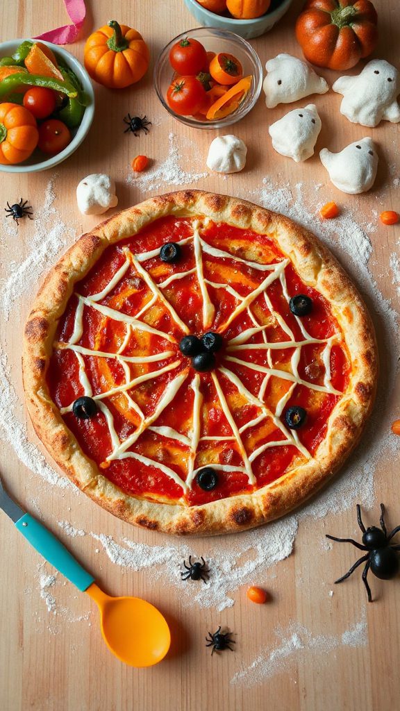 halloween themed spider web pizza