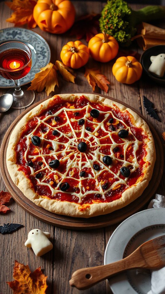 halloween themed spiderweb pizza