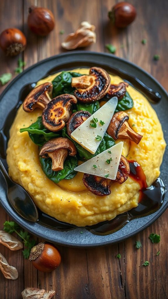 hearty mushroom spinach polenta layers
