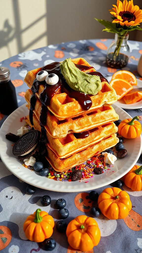 monster themed breakfast waffles