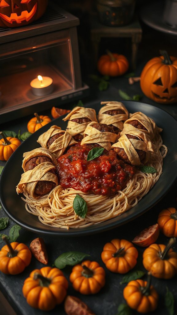 mummy meatballs with spaghetti