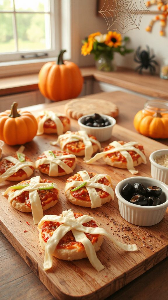 mummy shaped halloween pizza bites