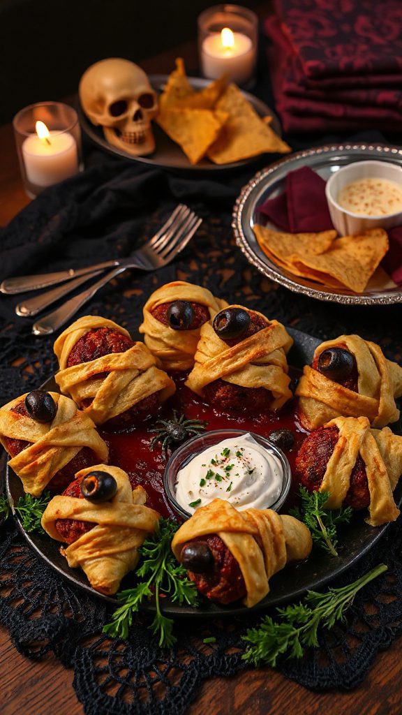 mummy themed meatball appetizers