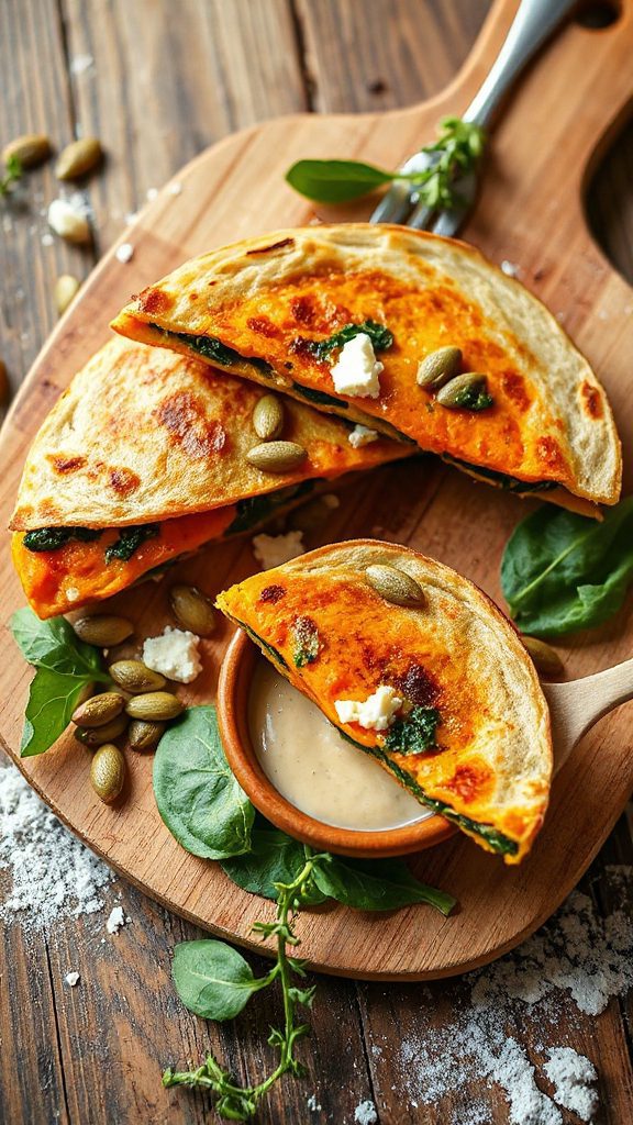 pumpkin spinach feta quesadilla