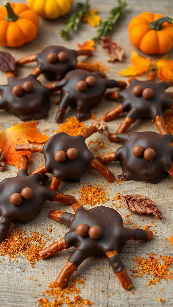 spooky chocolate pretzel spiders