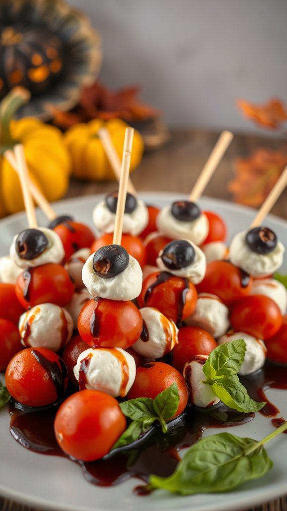 spooky eyeball caprese skewers