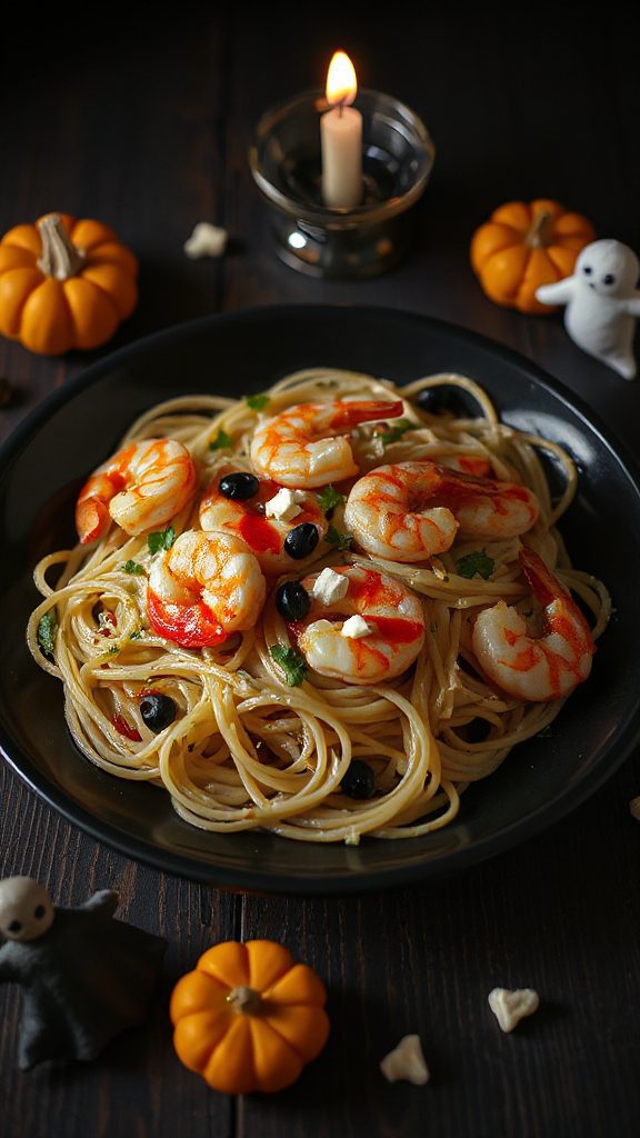 spooky halloween shrimp pasta
