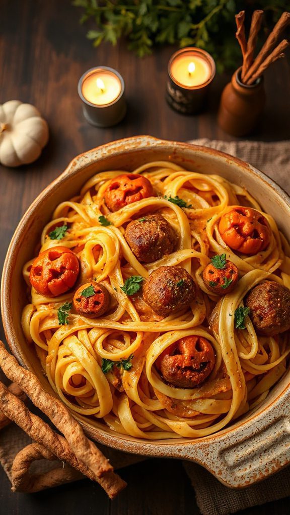 spooky meatball noodle dish