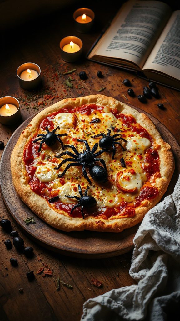 spooky spider themed halloween pizza