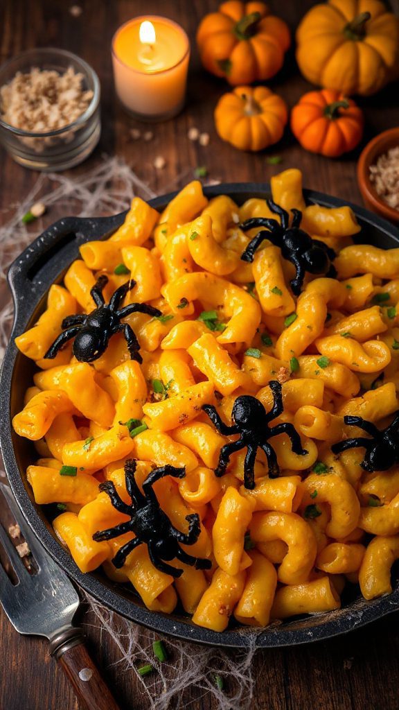 spooky spider themed mac and cheese