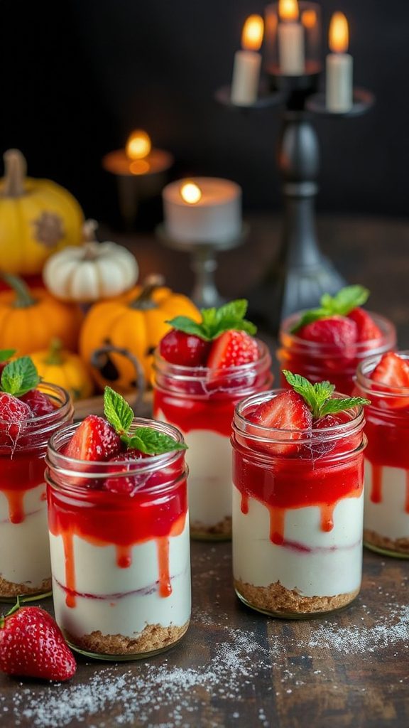 spooky strawberry cheesecake jars