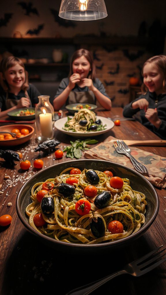 whimsical halloween pesto pasta