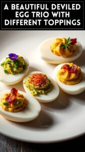 A Beautiful Deviled Egg Trio With Different Toppings