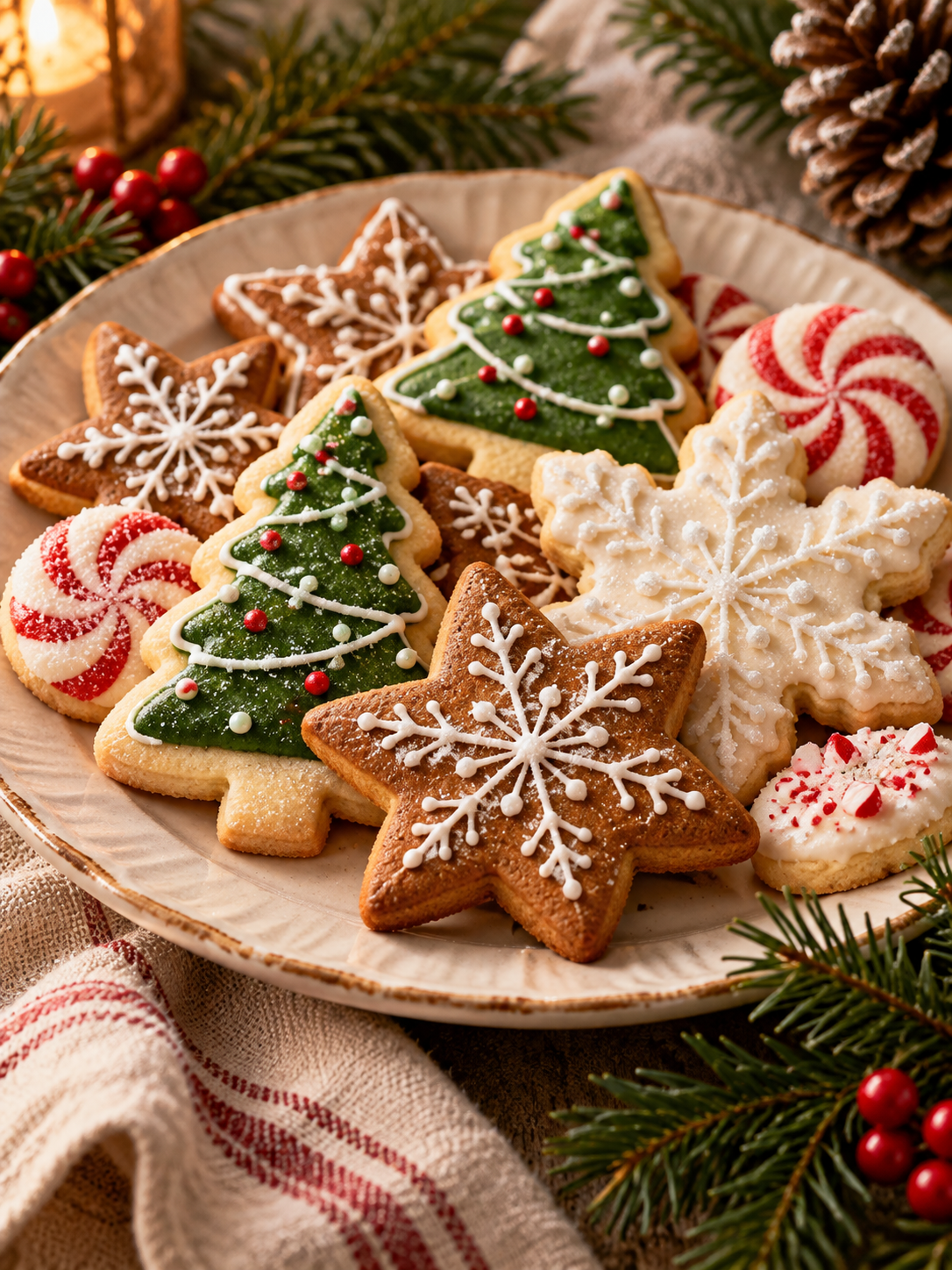 Christmas cookies decorated as gingerbread stars, iced trees and snowflakes