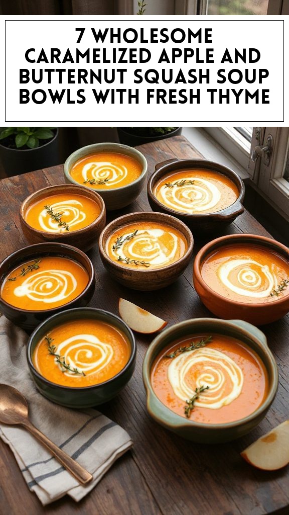 7 Wholesome Caramelized Apple and Butternut Squash Soup Bowls With Fresh Thyme